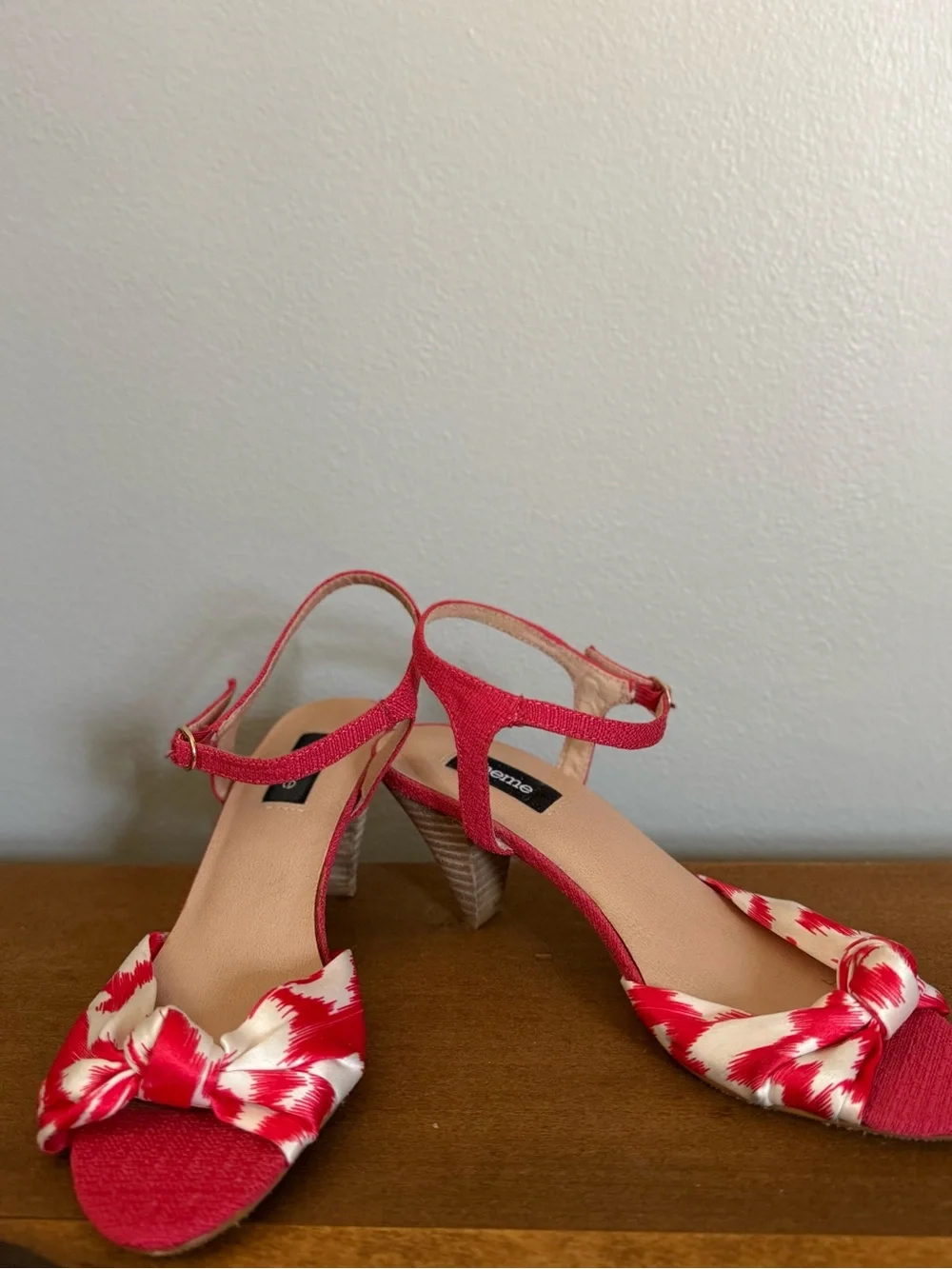 Theme Red Kitten Heels - Ikat Print and Front Bow-Accent - Ankle Strap Heels